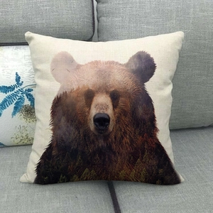 Close-up of bear silhouette with forest double exposure print on linen pillowcase