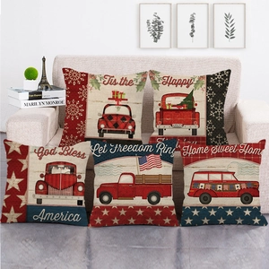 Decorative Throw Pillow Cover Linen Square Christmas Retro Truck Farmhouse American Country Patriotic Home Decor