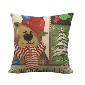 Christmas linen pillowcase with cute cartoon bear and Merry Christmas tree patterns