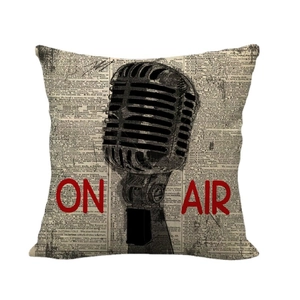 Vintage microphone throw pillow cover with ON AIR text on dictionary background