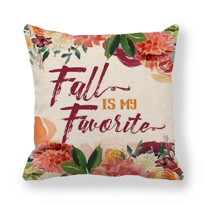 Detail of linen pillow cover featuring Fall IS MY Favorite text and autumn floral patterns