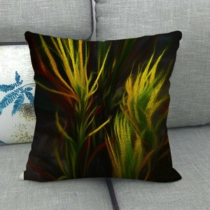 Detailed texture of linen throw pillow case featuring abstract palm leaf art on a sofa