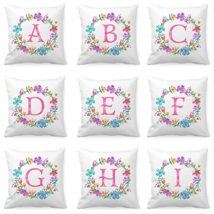 Floral Wreath Letter Watercolor Print Peach Skin Pillow Cover Square Decorative Cushion Case For Sofa Bedroom Home Decor