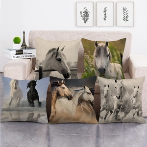 Funda de Cojín Decorativa de Lino Pastoral con Patrón de Caballo Fotografía de Animales Realista para Sofá Sala de Estar Decoración Hogar