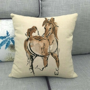Artistic watercolor horse print cushion cover in beige cotton linen for home sofa decor
