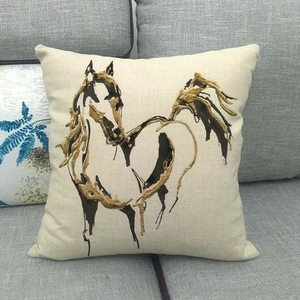 Artistic ink painting horse pillow cover with gold embroidery on beige linen fabric