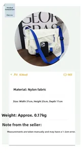Detailed size specifications for the white nylon messenger bag with blue straps