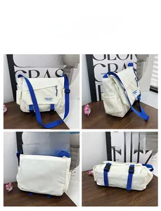 Detailed views of a beige high-capacity messenger bag with blue nylon straps