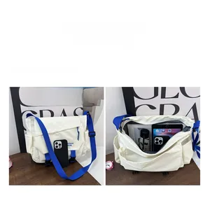 Detail view of large capacity crossbody bag with multiple compartments and blue strap