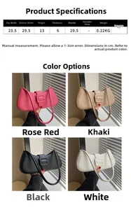 Detailed size parameters and multi-color options for the stylish PU leather baguette bag