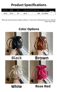 Size chart and color display for solid color pleated drawstring bucket bag with PU material