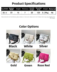 Detailed technical specifications and six color variants of the PU leather crossbody bag