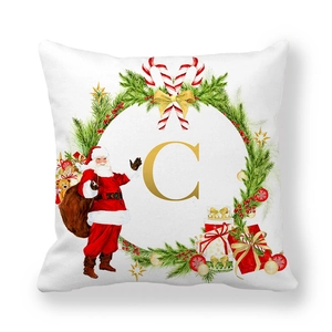 Christmas pillow cover with Santa Claus and golden letter C print on white peach skin fabric
