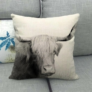 Minimalist square highland cow pillow cover with long hair print on linen fabric