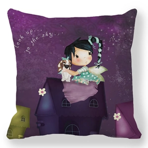 Cartoon girl and pet printed pillowcase on peach skin fabric with whimsical starry sky pattern
