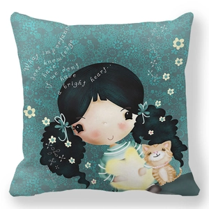 Cartoon princess girl and tabby cat decorative pillow cover made of soft peach skin fabric