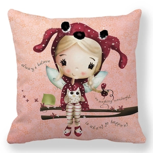 Detail of cartoon girl and owl print on pink peach skin fabric cushion cover
