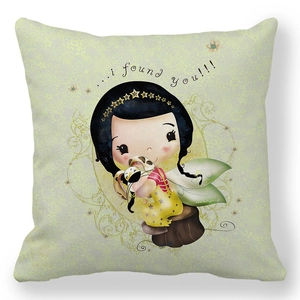 Detailed close-up of cartoon fairy princess print on peach skin pillowcase with vine pattern