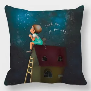 Detail of printed peach skin cushion cover featuring hand-drawn girl and cat under starry sky