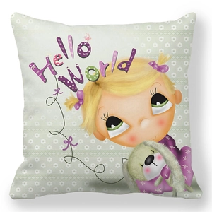 Detail of soft peach skin cushion cover featuring cartoon girl and rabbit illustration