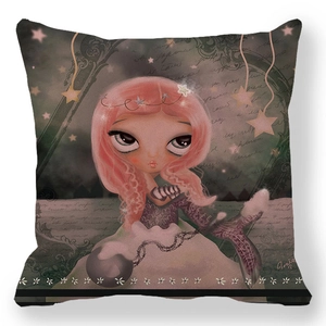 Detail of soft peach skin cushion cover featuring a cartoon princess with pink hair