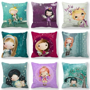 Cartoon Girl Illustration Decorative Pillowcase Soft Peach Skin Square Cushion Cover For Sofa Bed Living Room Home Decor