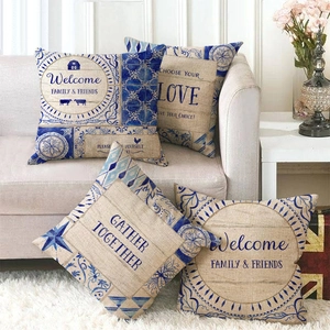 Linen Decorative Throw Pillow Cover Blue White Geometric Floral Mosaic Pattern Modern Minimalist Cushion Case For Sofa Living Room Home Decor