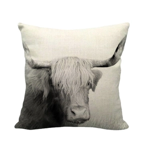 Linen highland cow print square throw pillow cover with rustic textured fabric