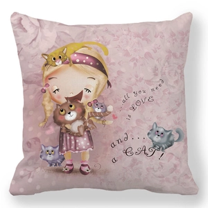 Pink cartoon girl and cat throw pillow cover in soft peach skin fabric for home decor