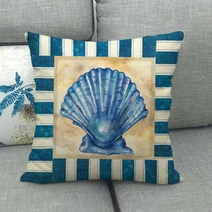 Macro shot of seashell pattern on Mediterranean style cotton linen pillowcase