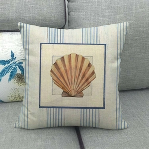 Close-up of shell print and blue stripes on rustic linen cotton square pillowcase