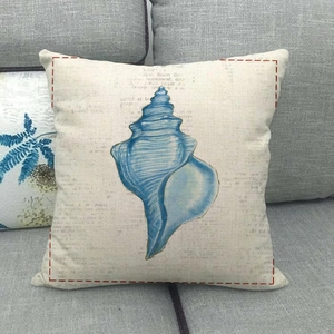 Minimalist square throw pillow case featuring blue seashell print and vintage script