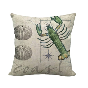 Federa per cuscino a tema marino con aragosta verde e stella marina su lino beige