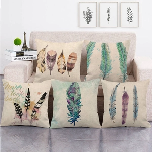 Modern Linen Pillow Case Square Watercolor Feather Print Decorative Throw Cushion Cover For Sofa Living Room Home Decor