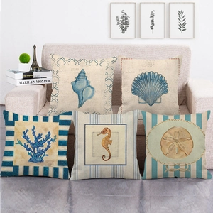 Marine Style Linen Decorative Throw Pillow Cover Shell Sea Star Coral Pattern Square Cushion Case For Sofa Bed Home Decor