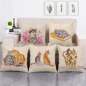 Watercolor Cat Cushion Cover Linen Square Hand Painted Animal Throw Pillowcase Artistic Home Decor Sofa Case