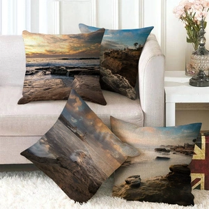 Fodera per Cuscino in Lino con Paesaggio Marino Tramonto Spiaggia e Onde Copricuscino Decorativo Quadrato per Divano Casa