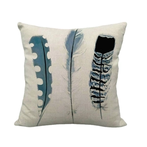 Linen pillowcase with artistic blue feathers design and natural texture for decor