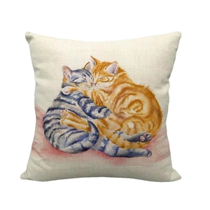 Linen pillowcase with cute painted watercolor cats cuddling on a cream background
