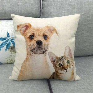 Close-up of linen pillowcase featuring a high-definition pet cat and dog painting on a sofa