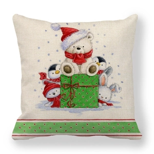 Detailed texture of linen pillowcase featuring a cute polar bear and penguin Christmas art