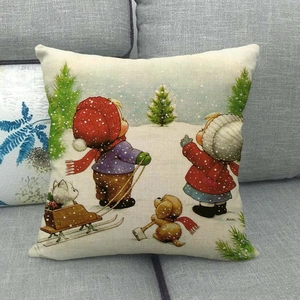 Linen Christmas pillowcase with vintage snowman illustration and snowy winter scenery