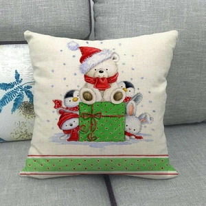 Christmas snowman and polar animals cartoon linen pillow cover with festive gift box print