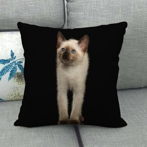 Close-up of a Siamese kitten print on a black linen pillowcase atop a grey sofa