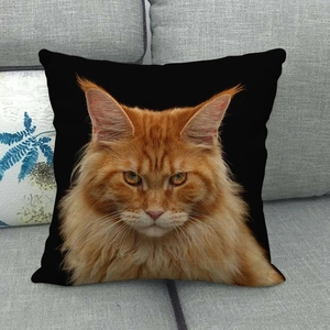 Detail of Maine Coon cat face print on linen pillowcase against a dark background
