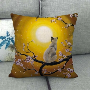 Detailed macro view of linen fabric texture on a cat and cherry blossom decorative pillowcase