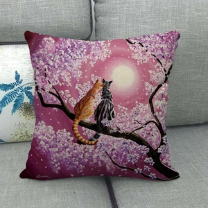 Detailed view of cat and cherry blossom art print on a linen textured pillowcase