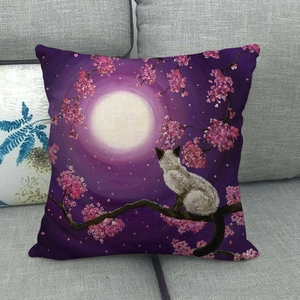 Close-up of linen pillow cover featuring Siamese cat and cherry blossom moonlit design