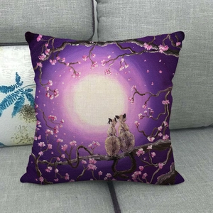 Detailed texture of linen cat pillowcase featuring artistic cherry blossom and moon oil painting