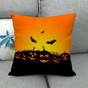 Detailed texture of linen Halloween pillowcase with bat and pumpkin jack-o-lantern prints